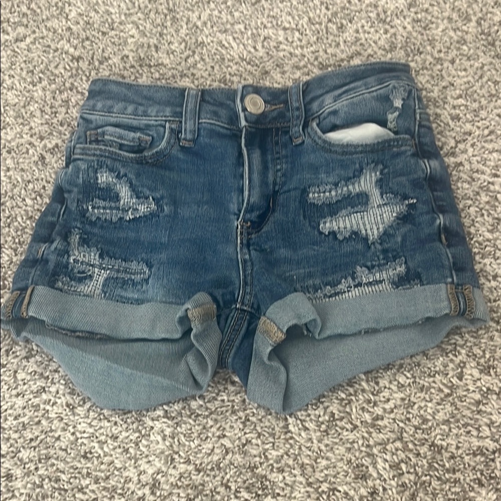SO Blue Distressed High Rise Shortie Denim Shorts with Frayed Hem